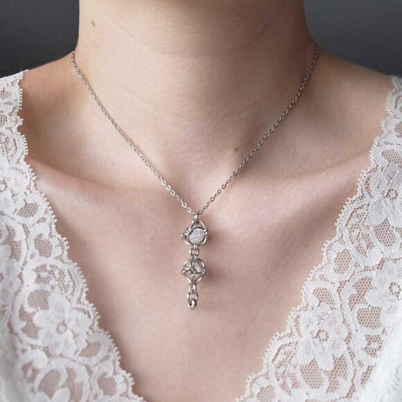 Whimsical fairy caged quartz and silver rosary pendant necklace - Picture 7 of 10